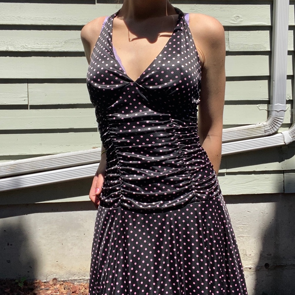 Y2K pink and black polka dot halter dress 💌